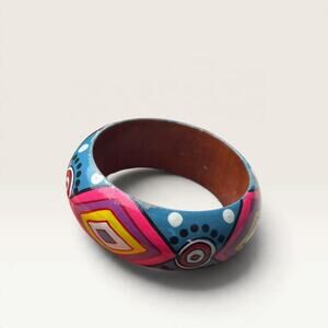 Hand-Painted Wood Bangle Bracelet - Geometric Southwestern Pattern